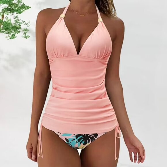 PEACH HALTER TIE TROPICAL HIGH WAIST TANKINI SET  SIZE XL NWOT - Picture 1 of 3